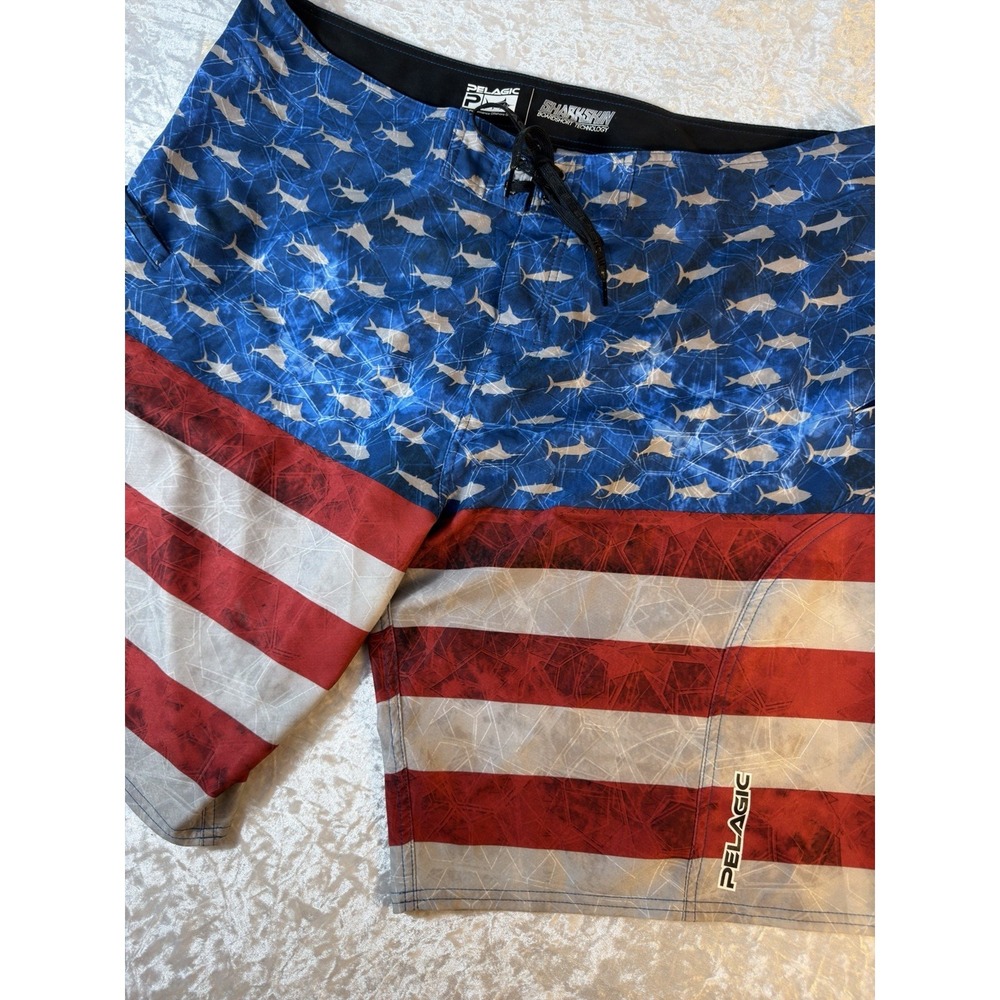 Pelagic Sharkskin Board Shorts Mens 40 American Flag Tuna Fishing Swim Trunks